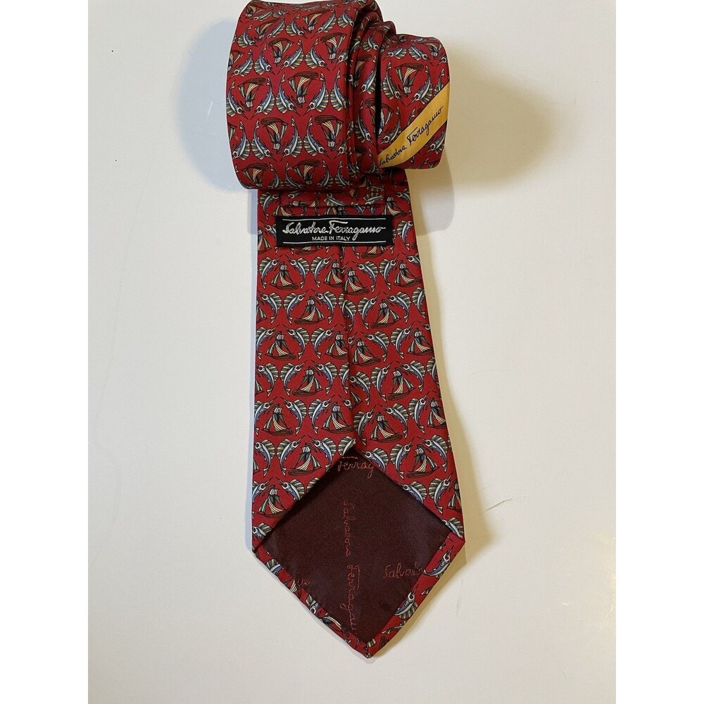 Salvatore Ferragamo 100% Silk Italy Neck Tie Red Pattern Marlin and Ship